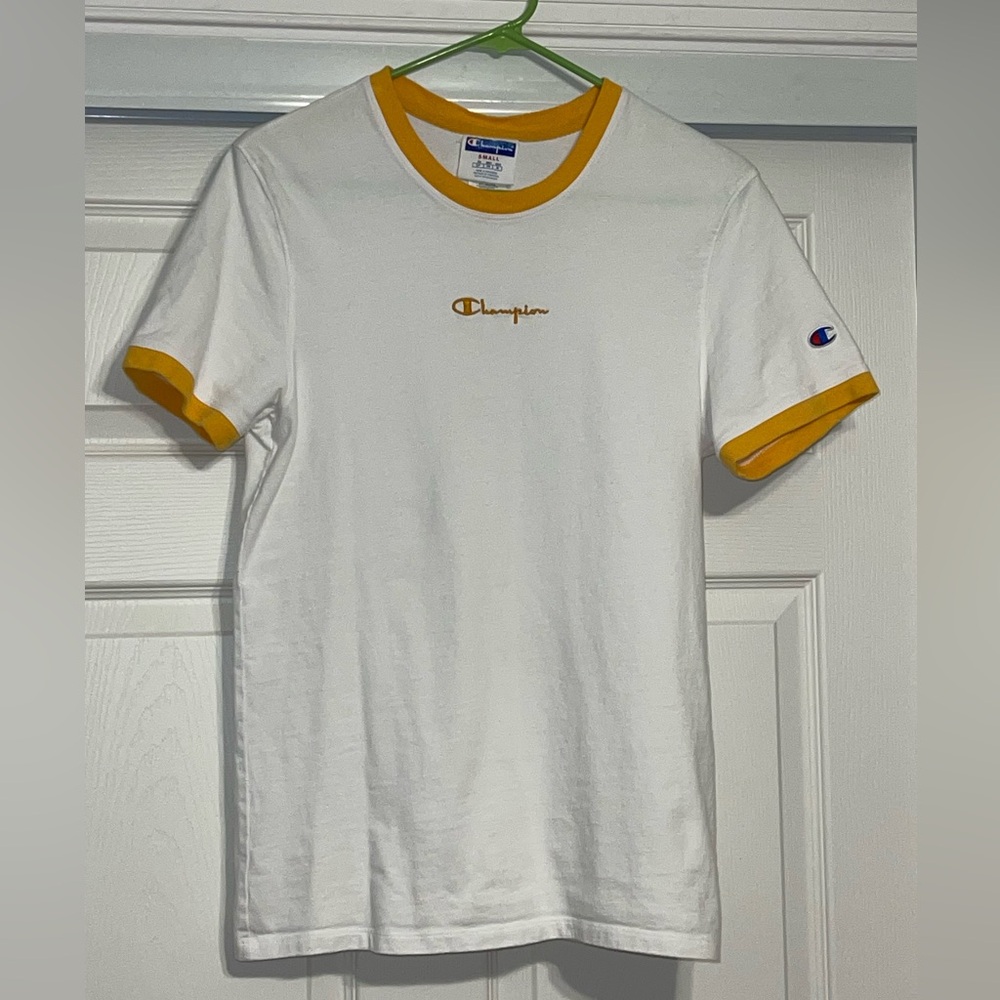 White Champion t shirt. Made in Indonesia size small